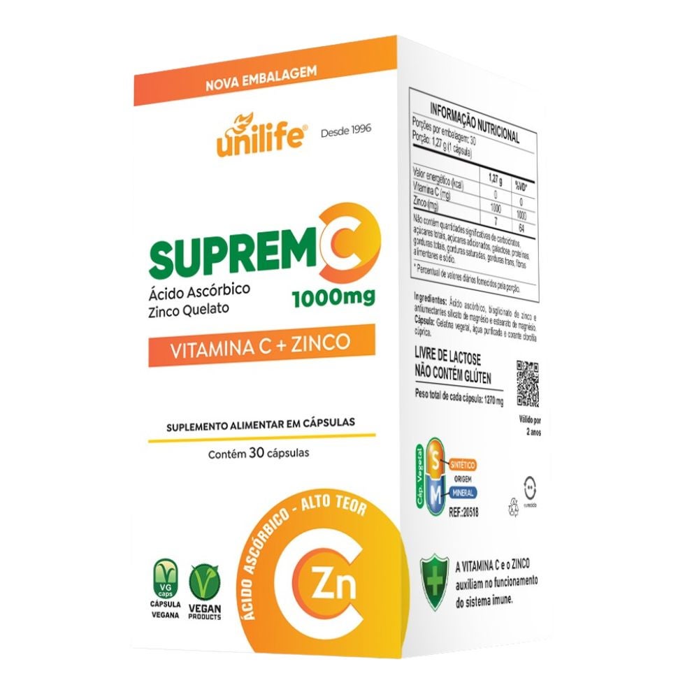Suprem C 1000mg Vitamina C e Zinco Unilife 30 Cápsulas - Imagem 2