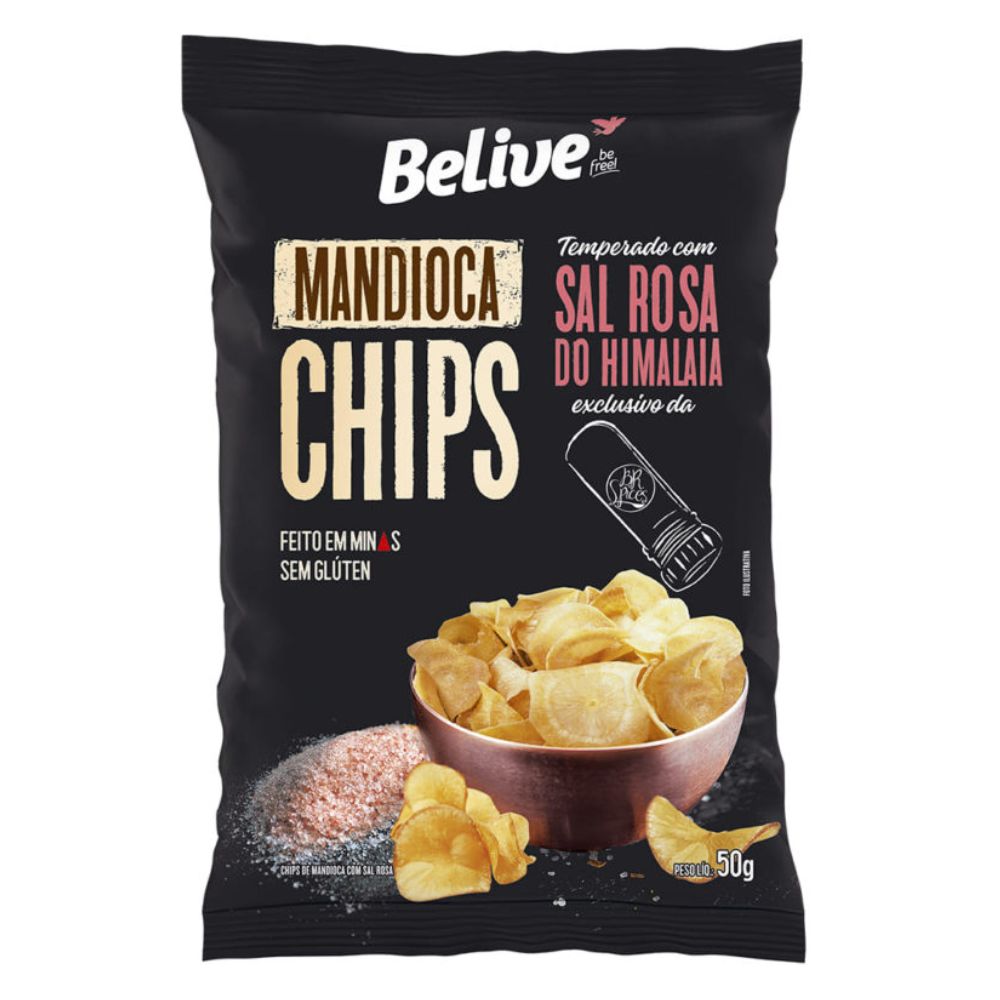 Mandioca Chips com Sal Rosa do Himalaia Belive 50g