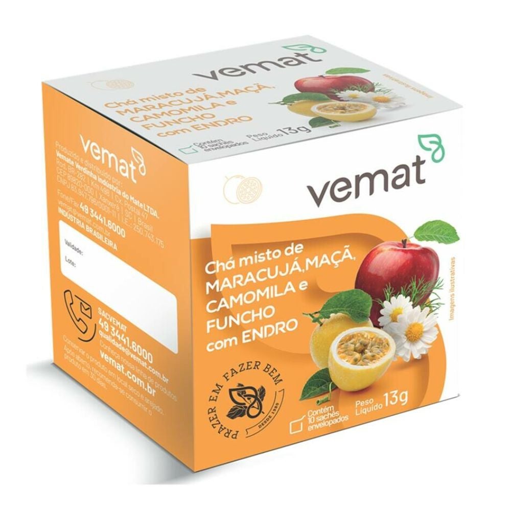 Chá Misto Maracujá, Maçã, Camomila e Funcho com Endro Vemat 10 Sachês
