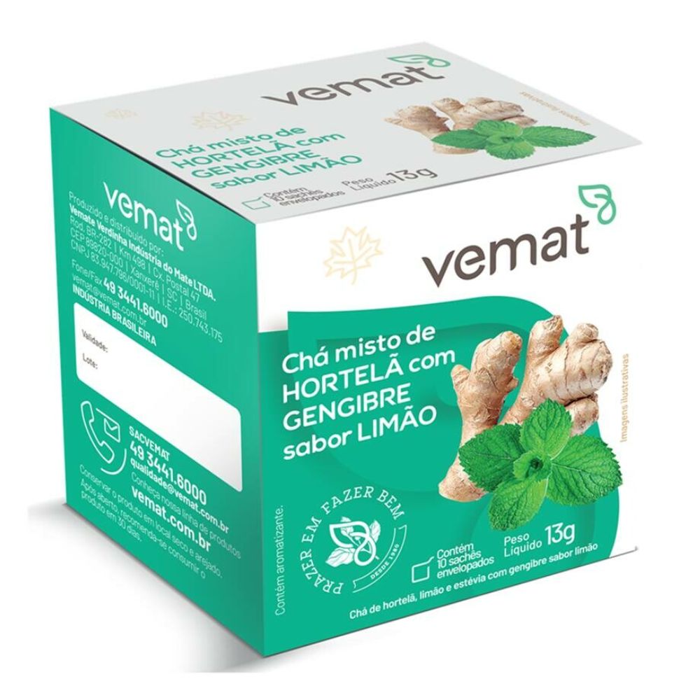Chá Misto Hortelã com Gengibre Sabor Limão 10 Sachês Vemat