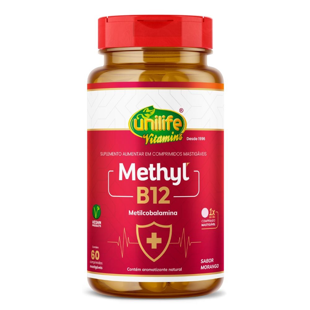 Vitamina B12 Metilcobalamina Sabor Morango Unilife 60 comprimidos mastigáveis