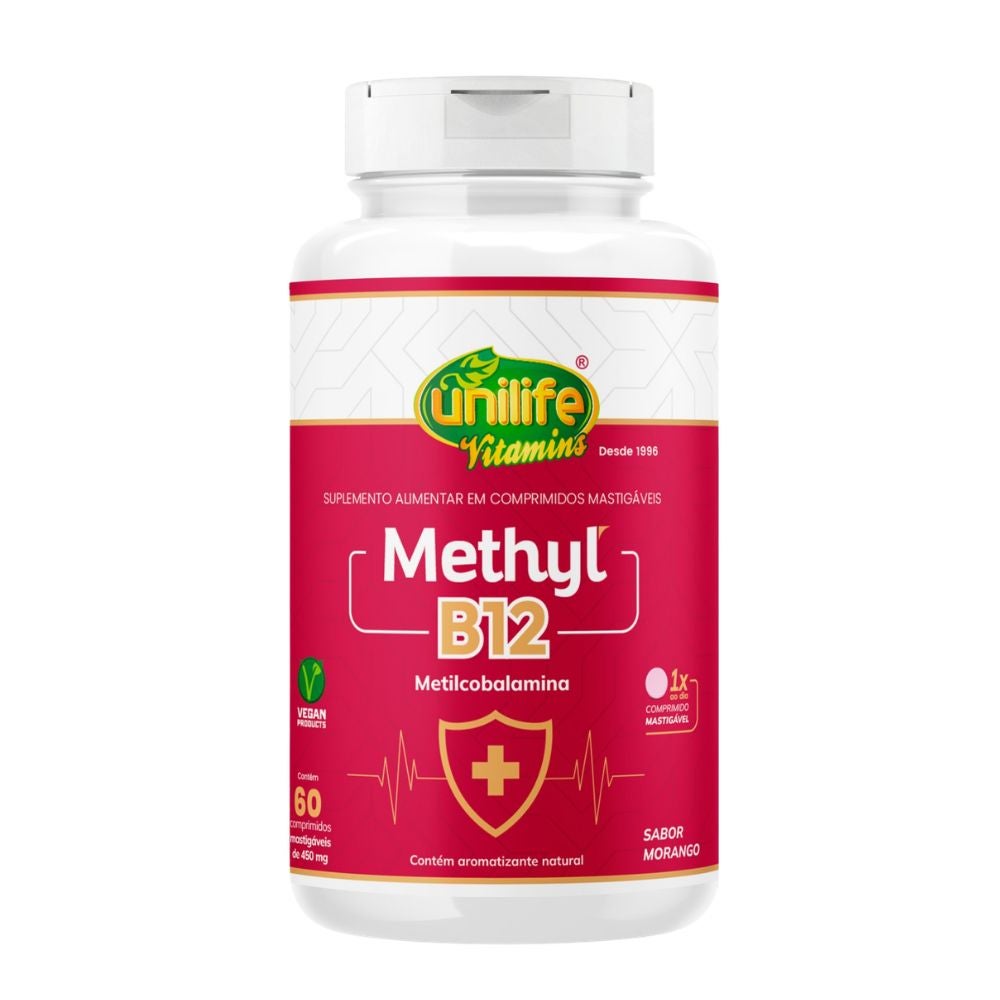 Vitamina B12 Metilcobalamina Sabor Morango Unilife 60 comprimidos mastigáveis