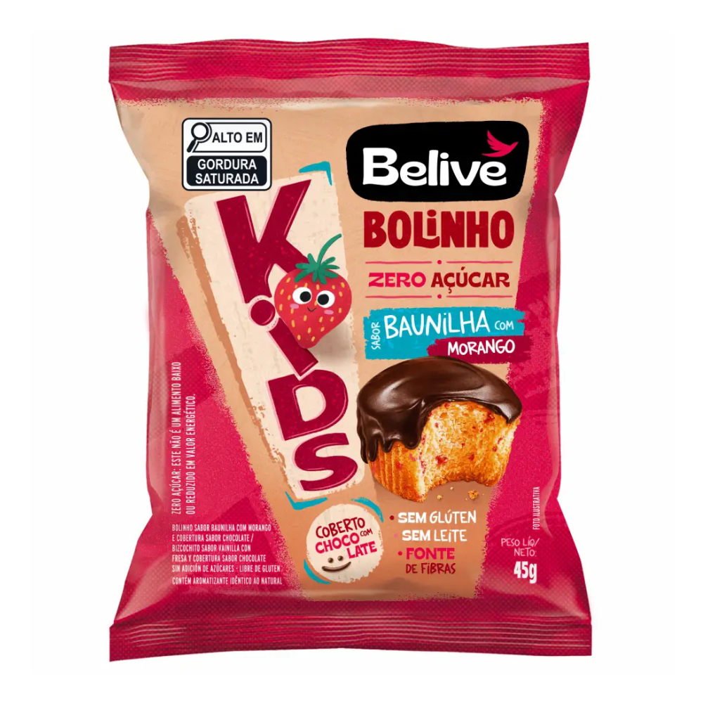 Bolinho Kids Baunilha com Morango com Cobertura de Chocolate Sem Açúcar Belive 45g
